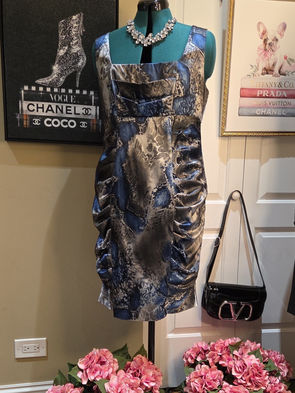 Blue Snake-Print Satin Ruched Sheath Dress